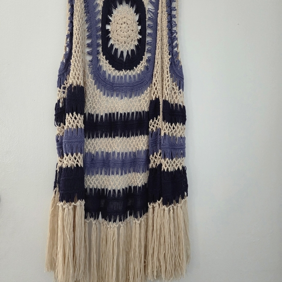 Frazzle Boho Crochet Fringe Vest Open Knit Navy Cream Purple Festival Sz S - Picture 8 of 8